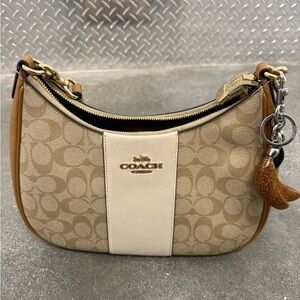 Coach Beige and Brown Shoulder Bag With Coach Banana Keychain
